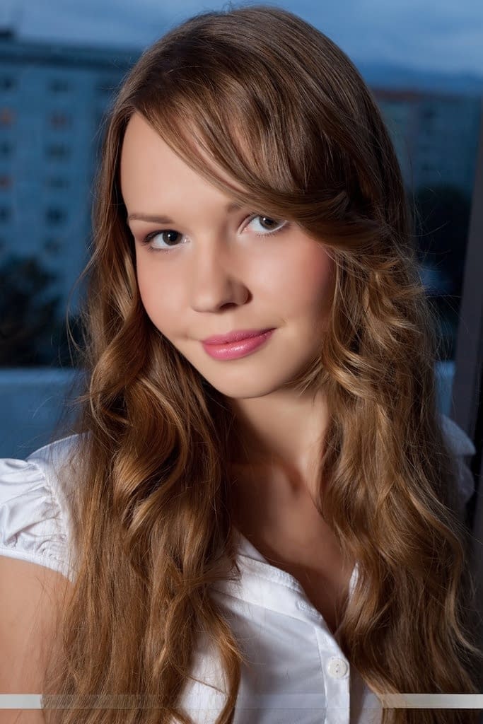 European teen Virginia Sun wearing heels and showing bare legs & twat