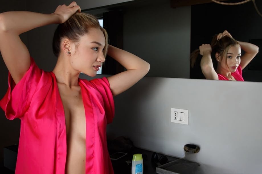 Hot teen girl Nici Dee runs the shower water over her firm tits and bald pussy