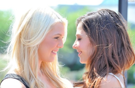 Gorgeous lesbian girls strip outdoors, lick pussy & toy in hot girl-girl sex