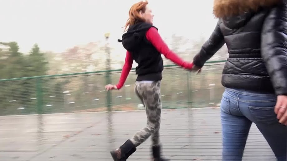 Naughty chick Sandra and her best friend pull down their pants and pee outside