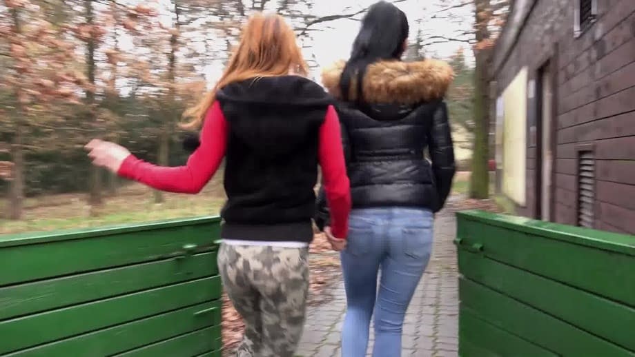 Naughty chick Sandra and her best friend pull down their pants and pee outside