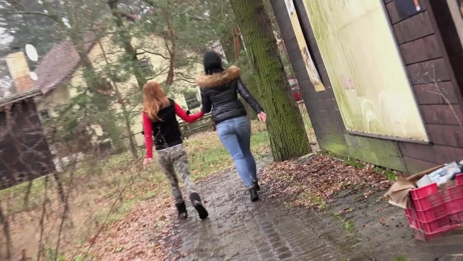 Naughty chick Sandra and her best friend pull down their pants and pee outside