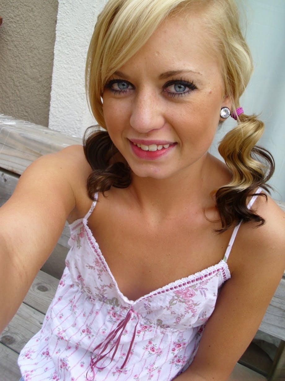 Pretty blonde Tiny Tiff shows her teensy tits & flashes a naked upskirt