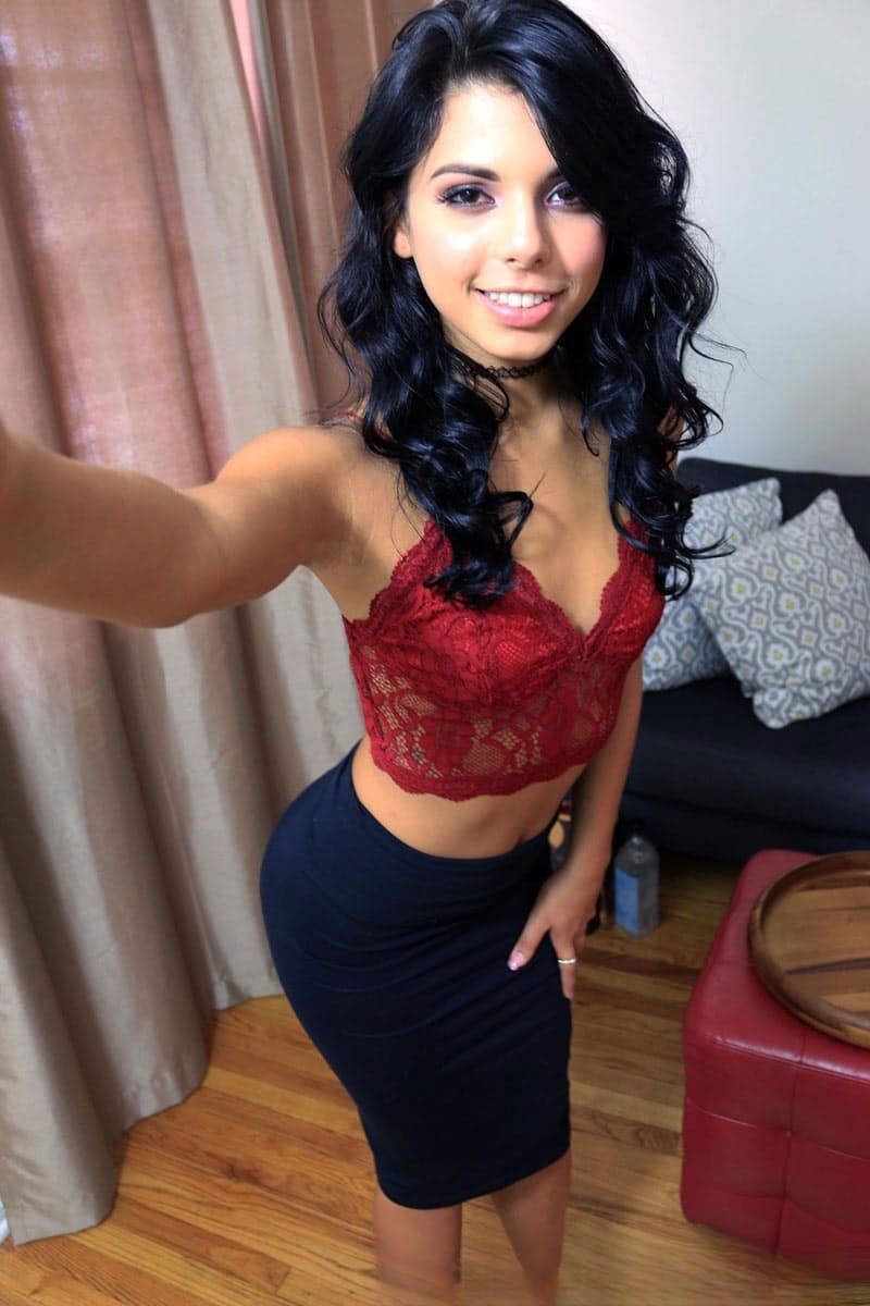 Latina amateur Gina Valentina licks cum off a finger after banging a long cock