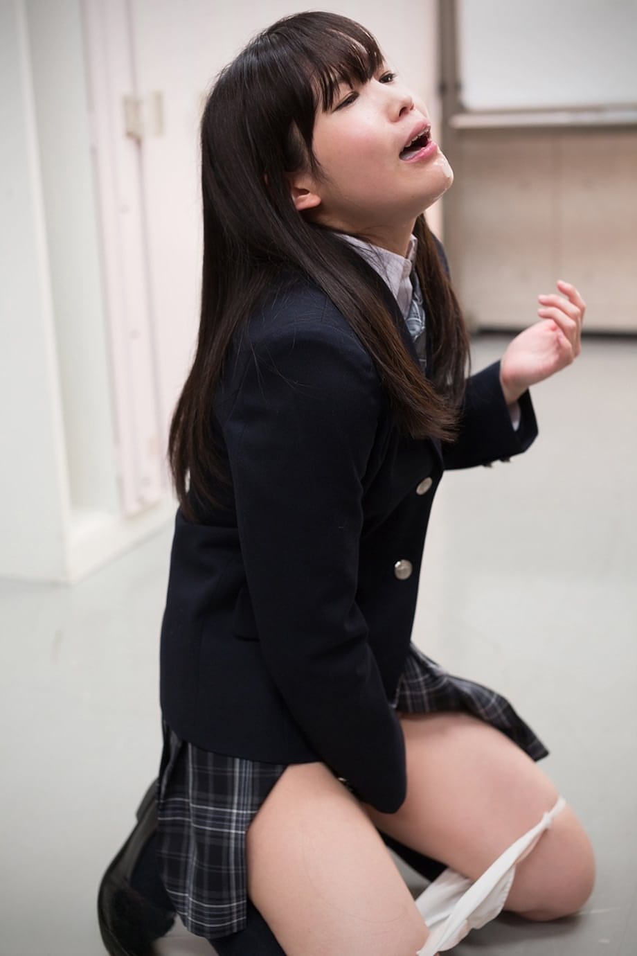Japanese schoolgirl sucks cock after masturbating with panties pulled down