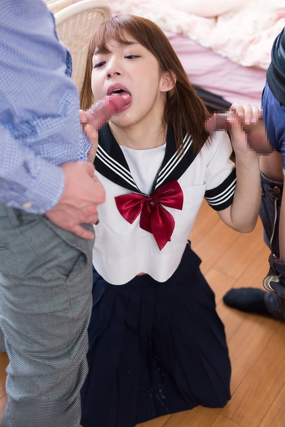Japanese schoolgirl spits out cum after sucking off two cocks
