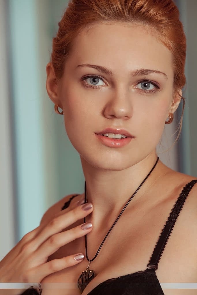 Euro teen Shirley Tate sheds black lingerie to showcase her naked pussy