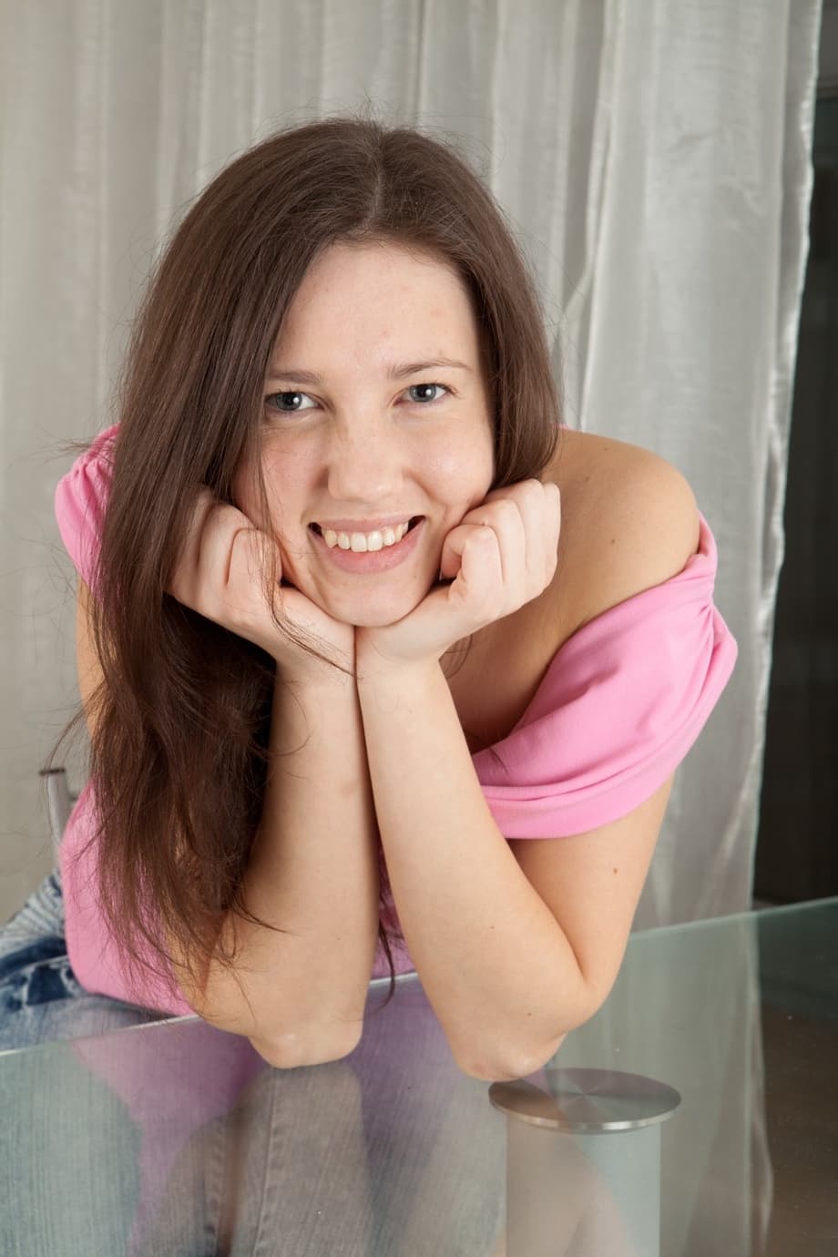 Solo girl Iveta Z cups a firm breast while showing her full bush in socks