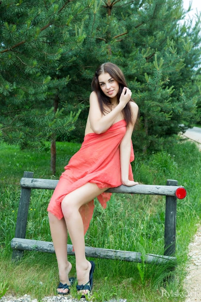 Beautiful teen girl Evita Lima models naked on a country road
