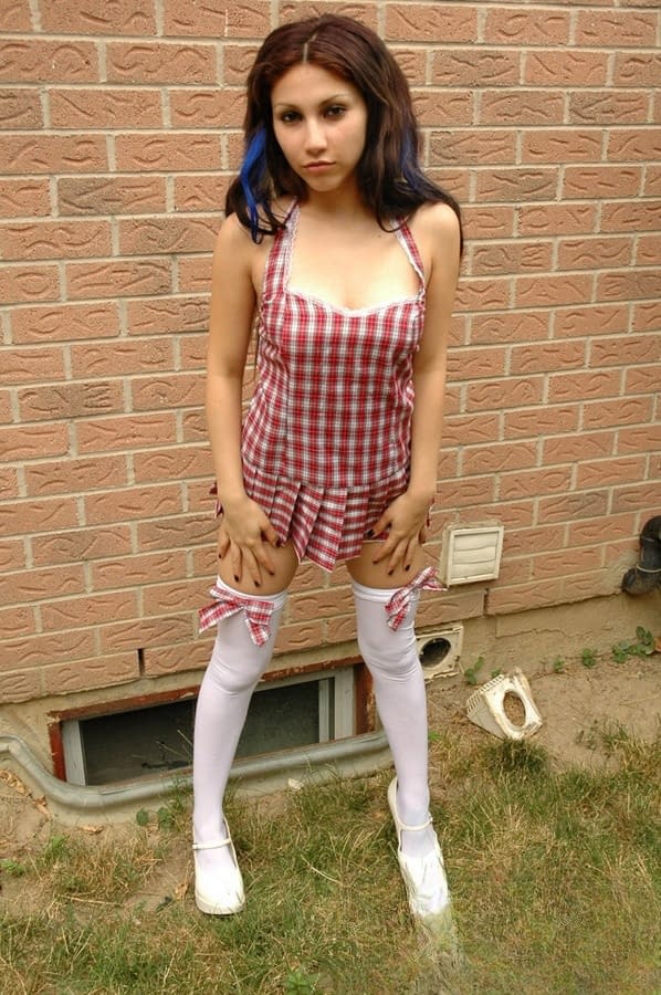 Adorable amateur schoolgirl Angel in white stockings flashes panty upskirt