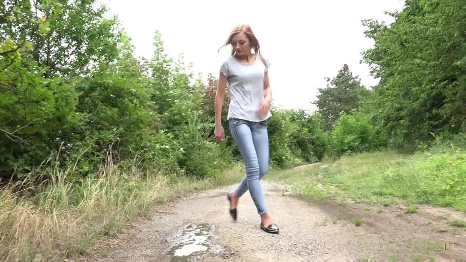 Hot blonde Rose can't find a bathroom so she squats to pee along the path