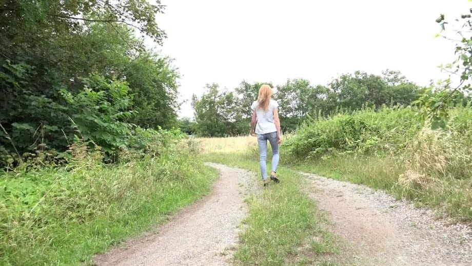 Hot blonde Rose can't find a bathroom so she squats to pee along the path