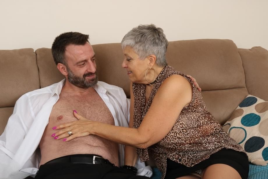 Old lady with grey hair is stripped naked by a much younger man