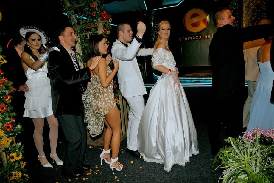 Wedding party becomes a hot interracial orgy when the bride gets on her knees