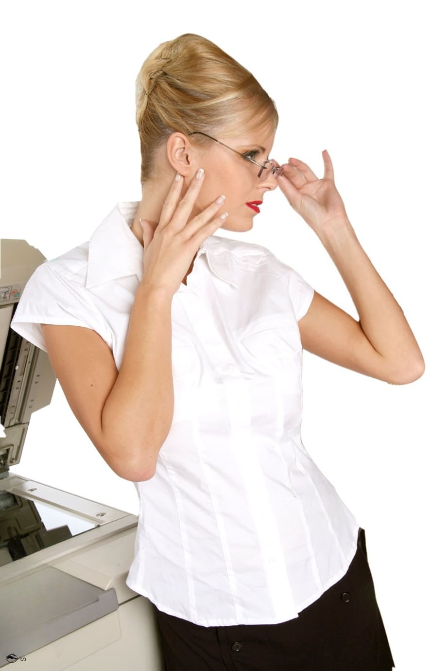 Sizzling hot busty secretary Zuzana works the copy machine in black stockings