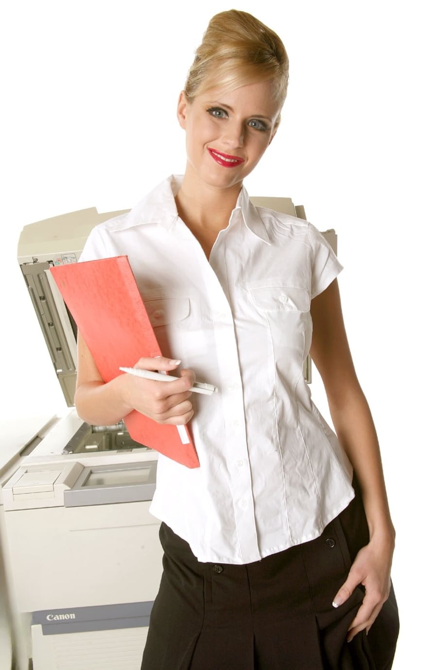 Sizzling hot busty secretary Zuzana works the copy machine in black stockings