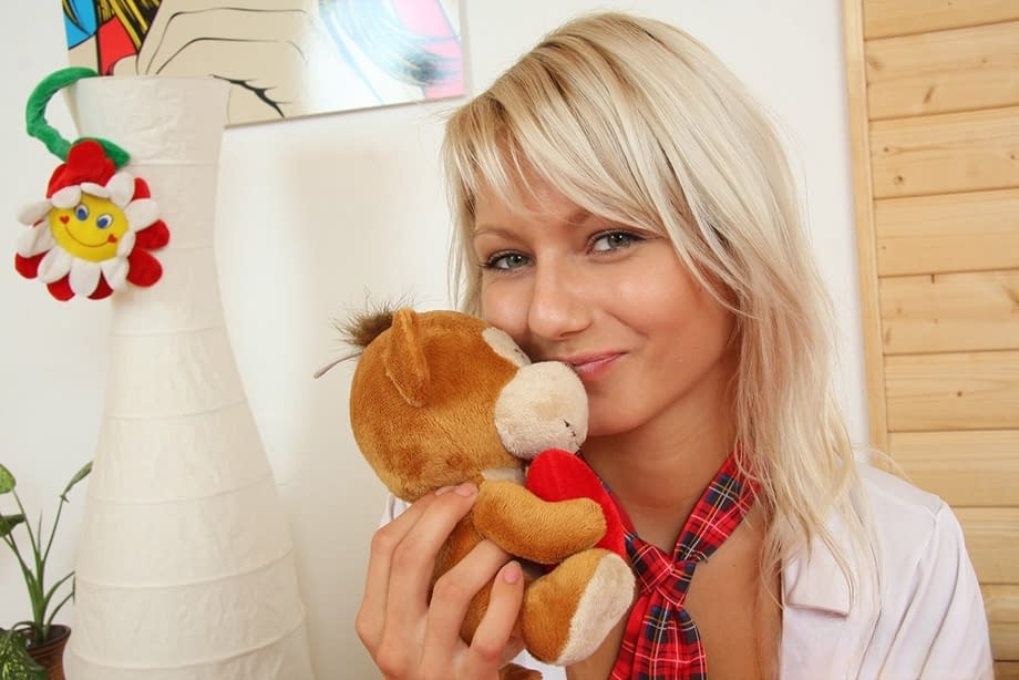 Young blonde Pinky June gets cum on tits after sexual relations with boyfriend