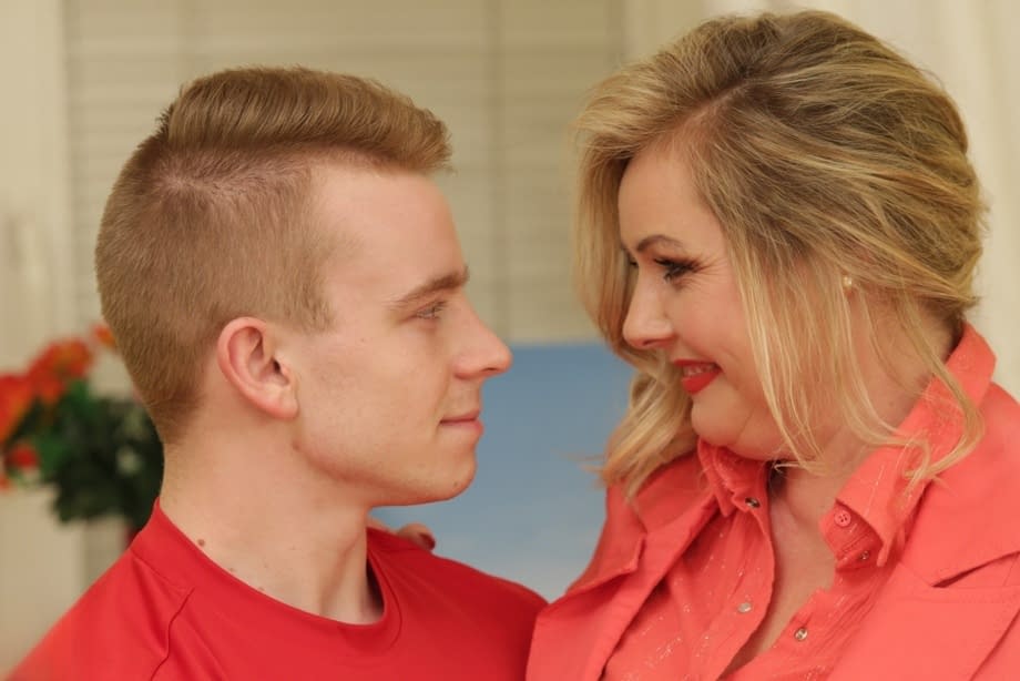 Sexy blonde fatty cougar gets ass licked & huge BBW tits fondled by young stud