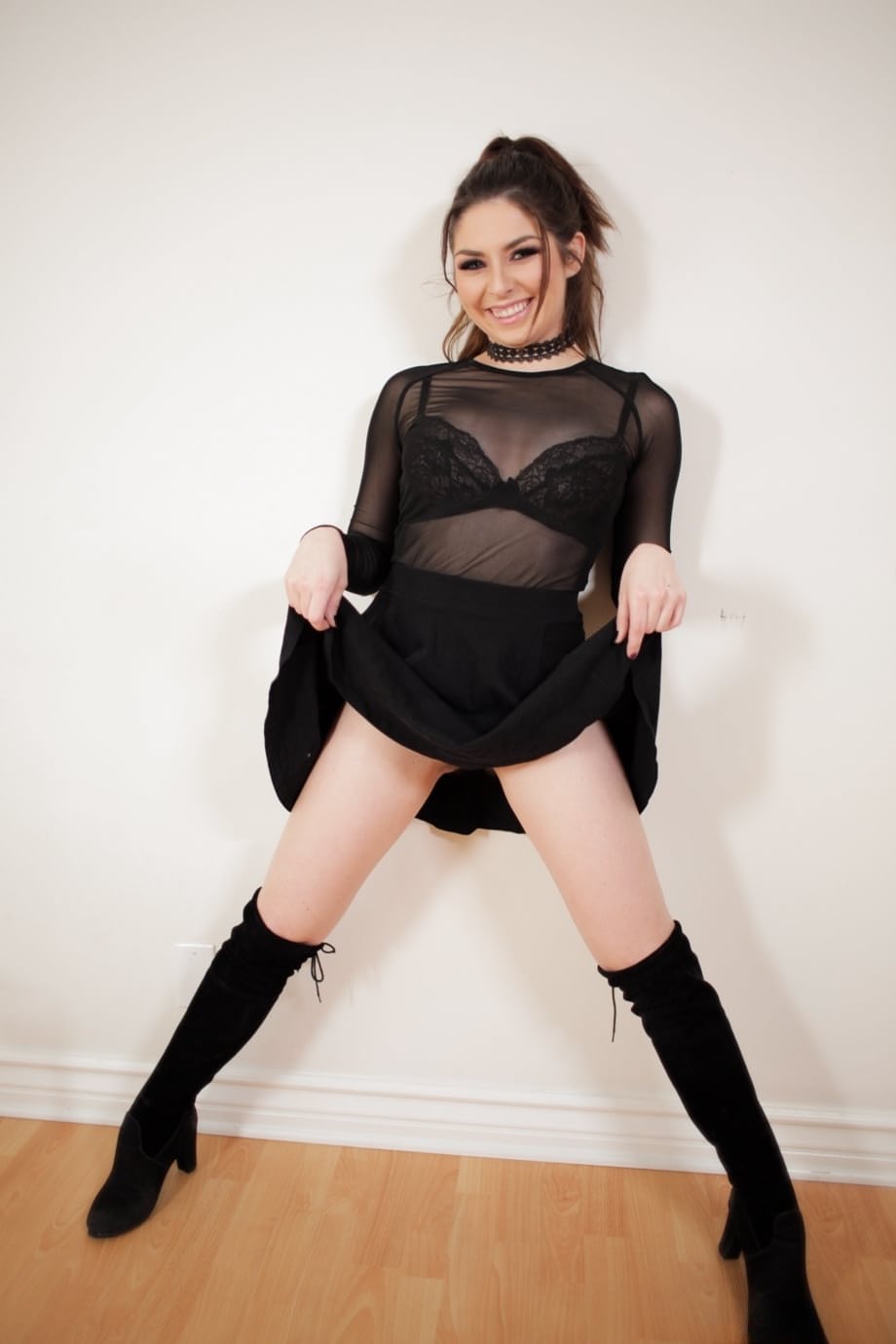Dark haired chick Keira Croft spreads her hairy muff in OTK boots