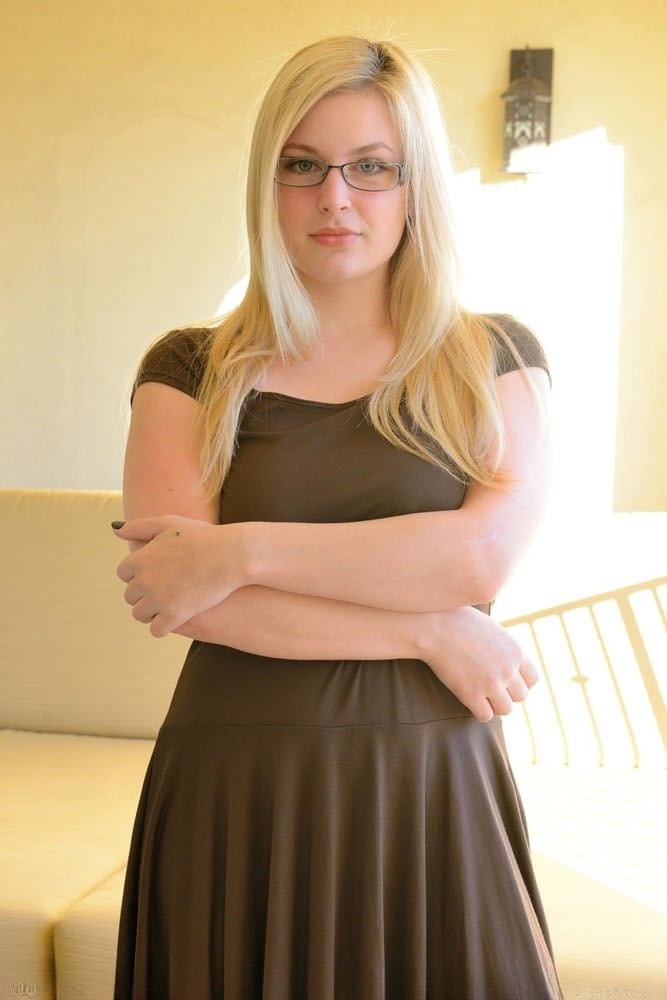 Blonde Danielle in glasses flashes sexy naked upskirt & toys ass close up