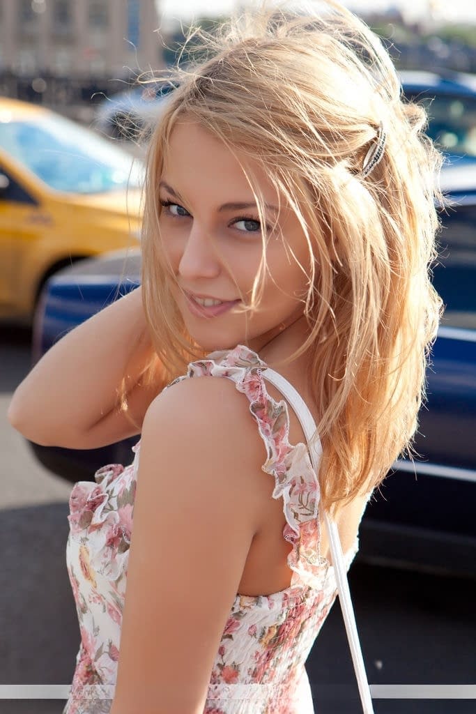 Sweet Nikia A doffs her sun dress to show perky small boobs & hot shaved muff