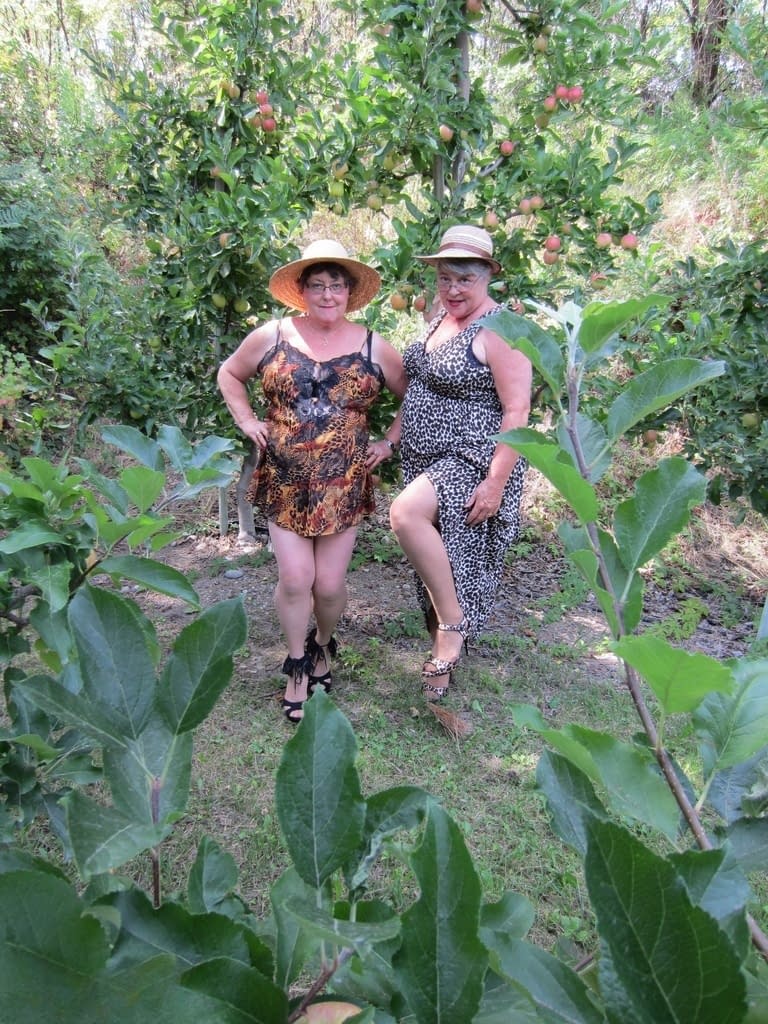 Older granny Girdle Goddess & her aged gal pal showing ass & nipples outdoors