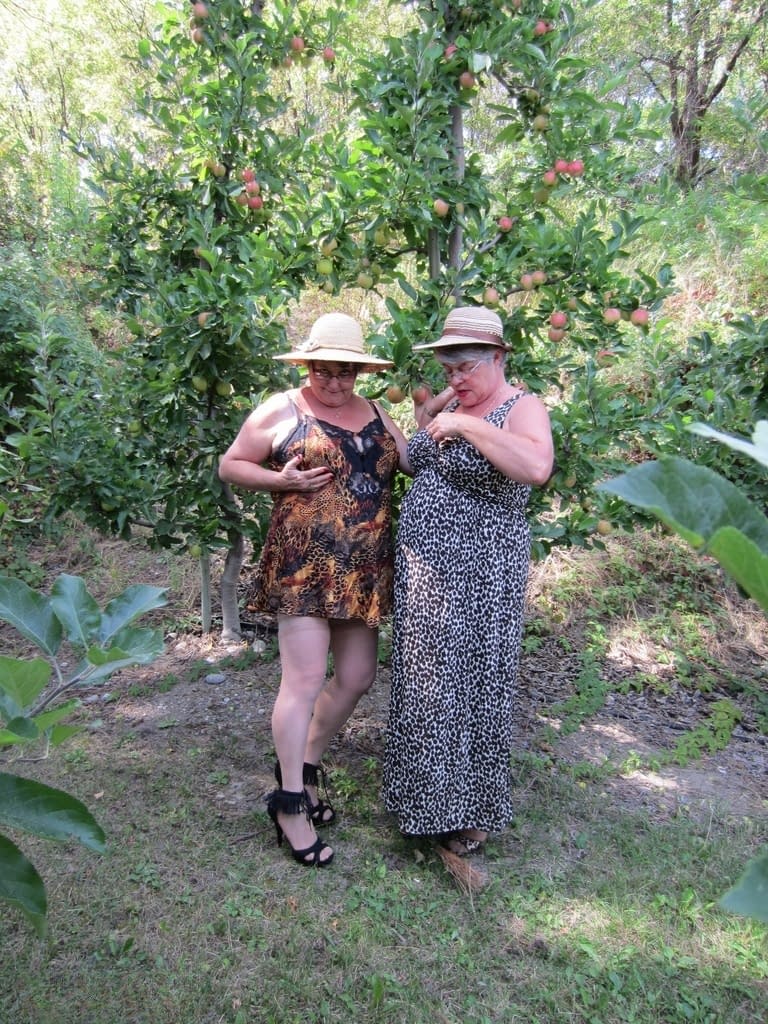 Older granny Girdle Goddess & her aged gal pal showing ass & nipples outdoors