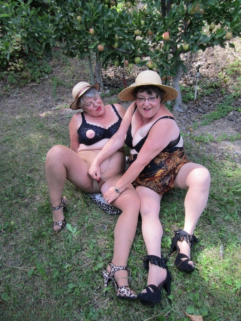 Older granny Girdle Goddess & her aged gal pal showing ass & nipples outdoors