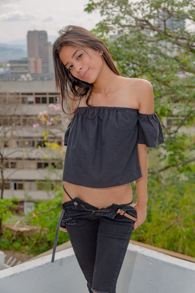 Slim solo girl Karin Torres strips and masturbates in a public place