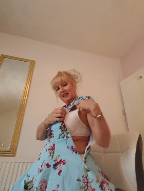 Classy mature Lorna Blu hiking dress to spread pussy lips & pinching nipples