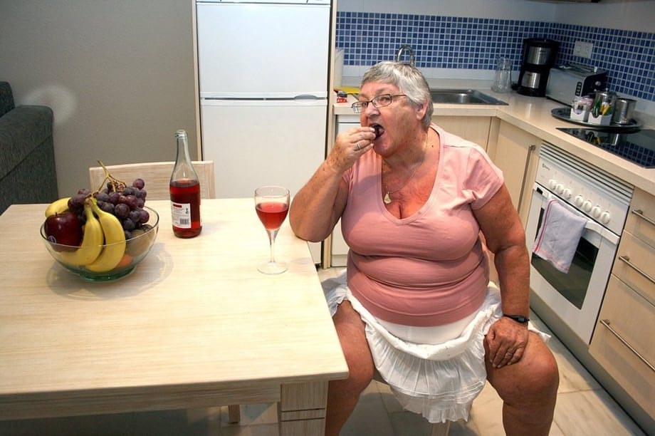 Mature BBW Grandma Libby strips in the kitchen to wine & dine & toy pussy nude