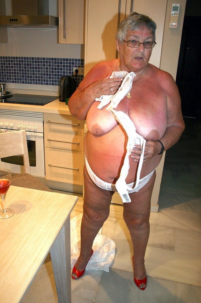 Mature BBW Grandma Libby strips in the kitchen to wine & dine & toy pussy nude
