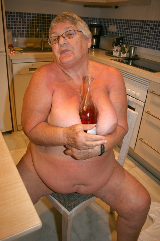 Mature BBW Grandma Libby strips in the kitchen to wine & dine & toy pussy nude