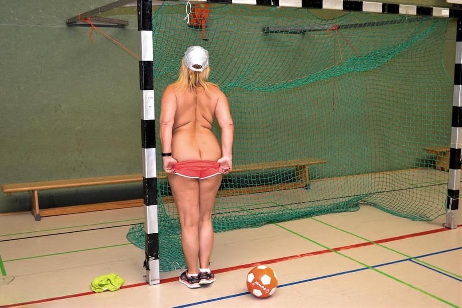 Busty mature fatty gets fitness coaching while stark naked in the school gym