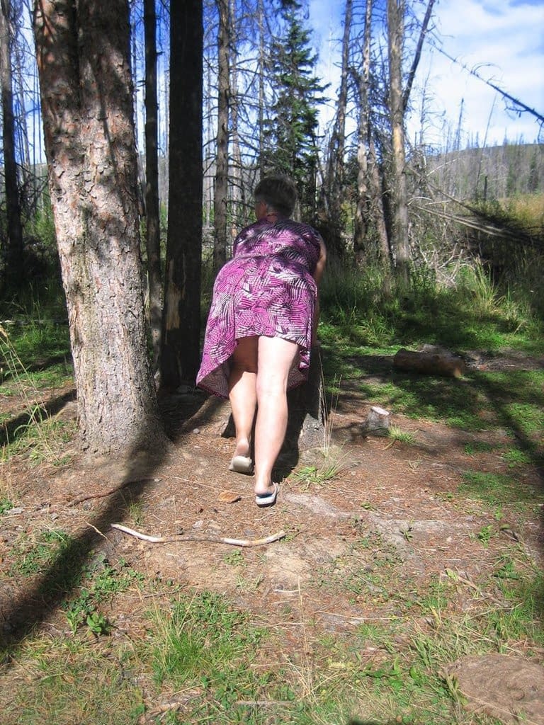 Fat granny Girdle Goddess loses her purple outfit in the woods and poses nude
