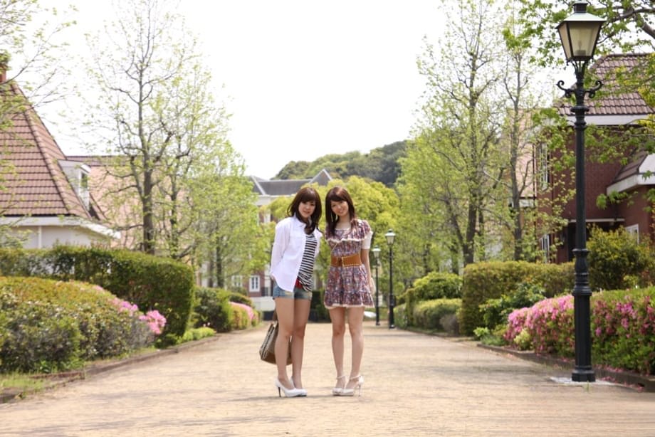 Japanese lesbians Rimu Endo & Ueno Misaki show bare legs while taking a stroll