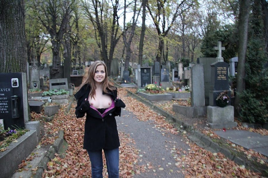 Teen amateur Abi rinses out her mouth after fucking in a cemetery