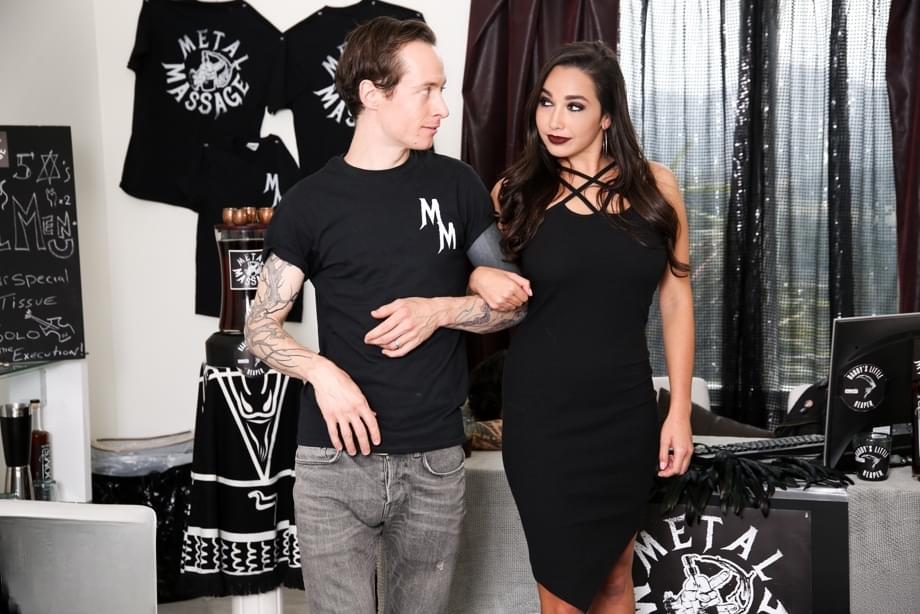 Hot brunette Karlee Grey gets banged by a punk rocker in his massage studio