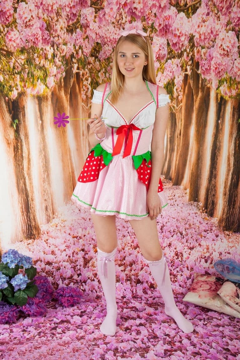 Cute teen Nimfa doffs her dress and knee socks before showcasing her bald twat