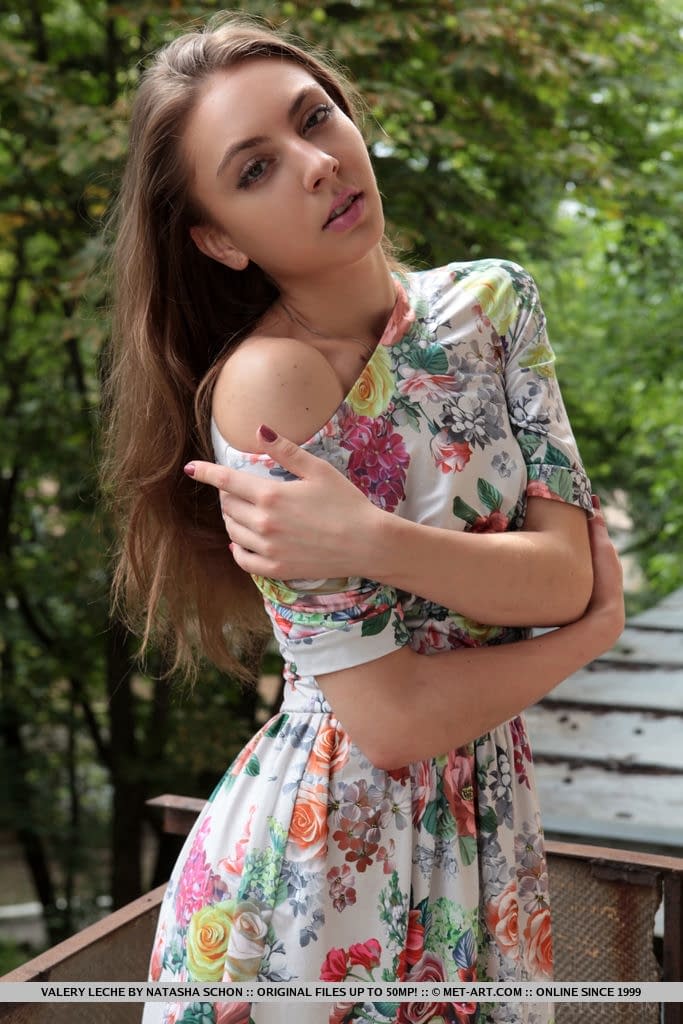 White teen Valery Leche ditches her dress to pose naked in ankle strap heels