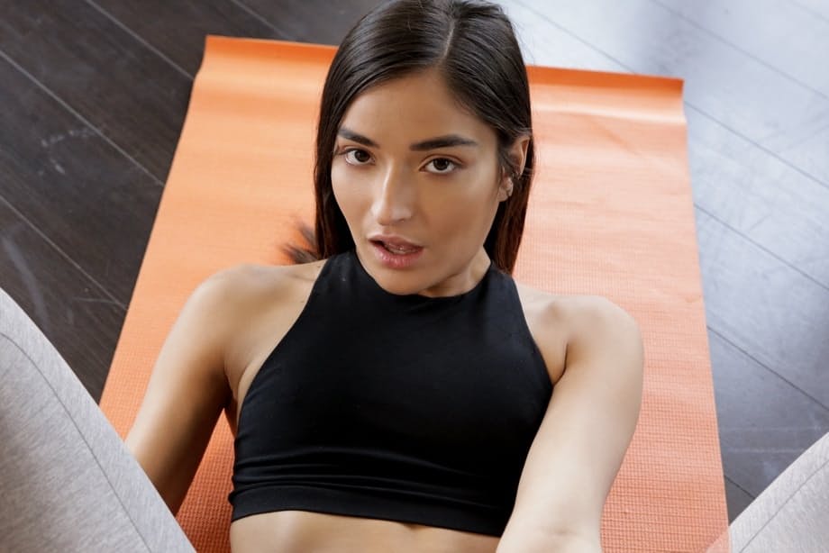 Slim teen Emily Willis changes into crotchless yoga pants for sex with stepbro