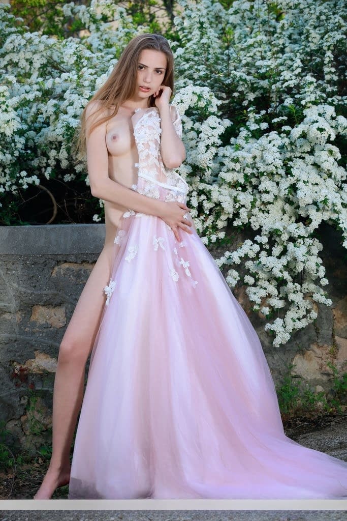 Beautiful girl Elle Tan slips off wedding dress to pose nude in garden