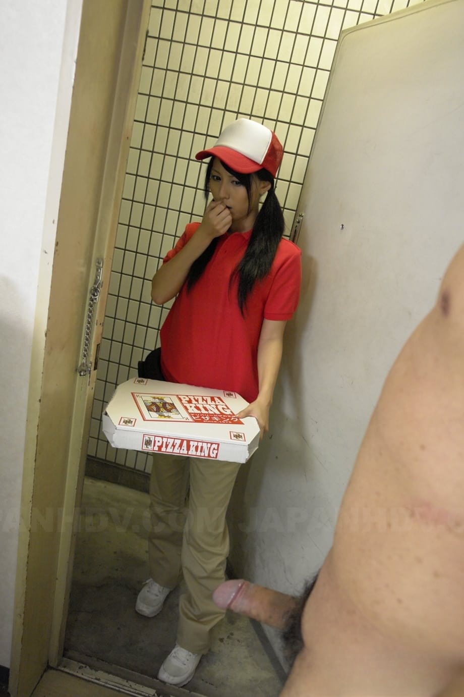 Japanese pizza delivery girl Miku Oguri is greeted at door by a hard cock