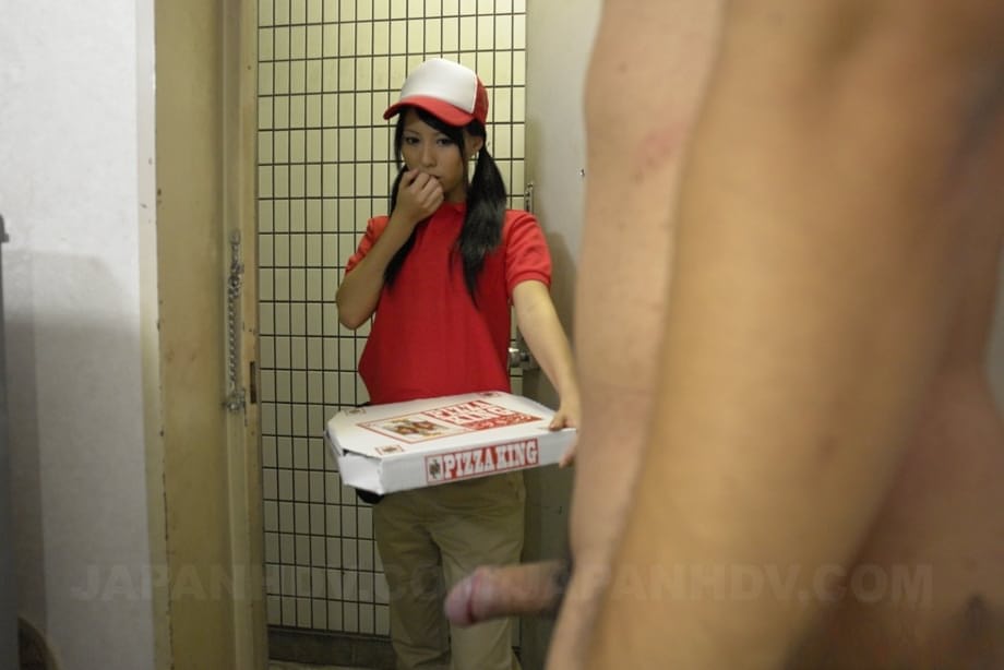 Japanese pizza delivery girl Miku Oguri is greeted at door by a hard cock