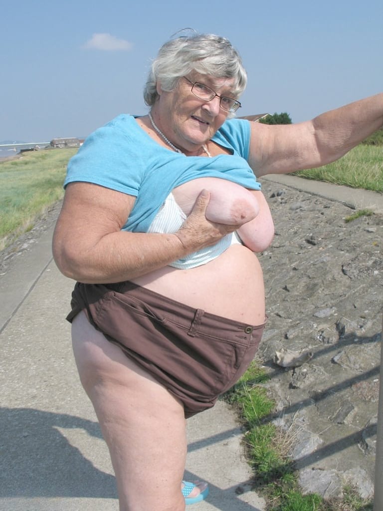 Fat old woman Grandma Libby exposes herself on a desolate bike path