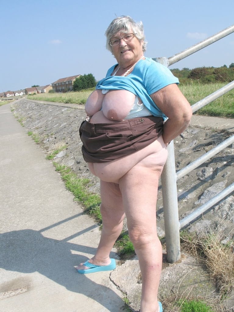 Fat old woman Grandma Libby exposes herself on a desolate bike path
