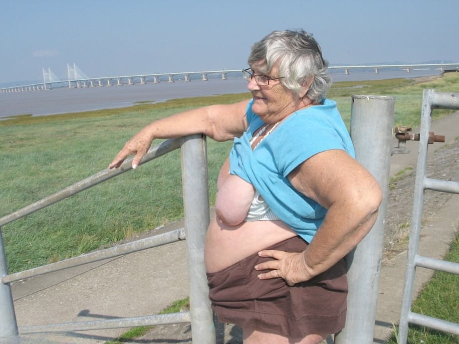 Fat old woman Grandma Libby exposes herself on a desolate bike path