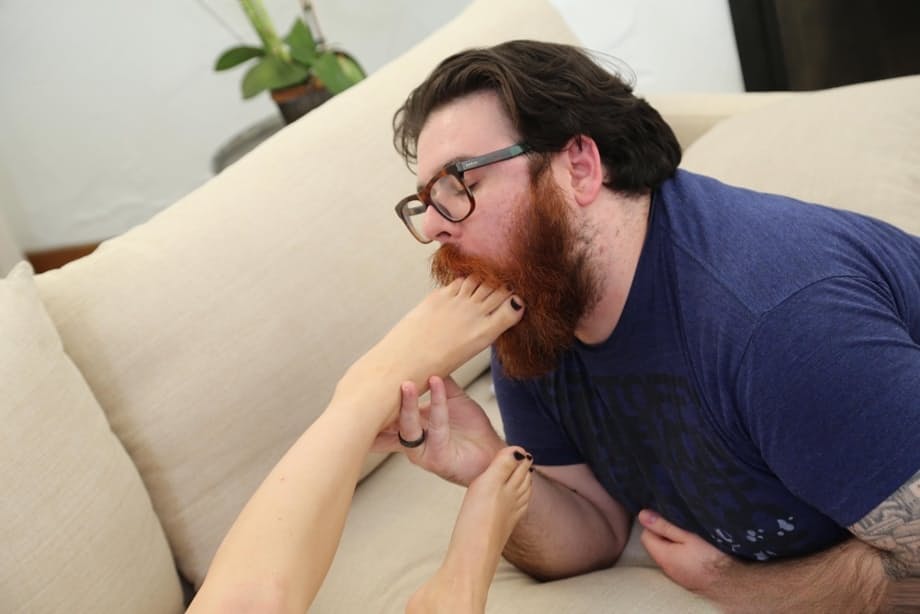 Dark haired wife has her cum covered toes sucked clean by her cuckold