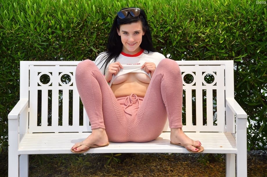 Teen girl with black hair rides a dildo before showing her bare ass in a pool