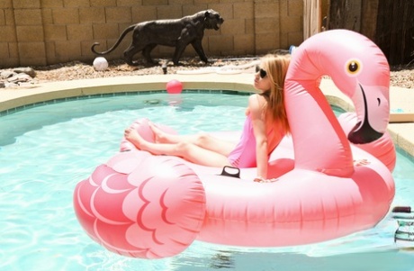 Petite teen Hannah Hays frees her tight slit from pink swimsuit